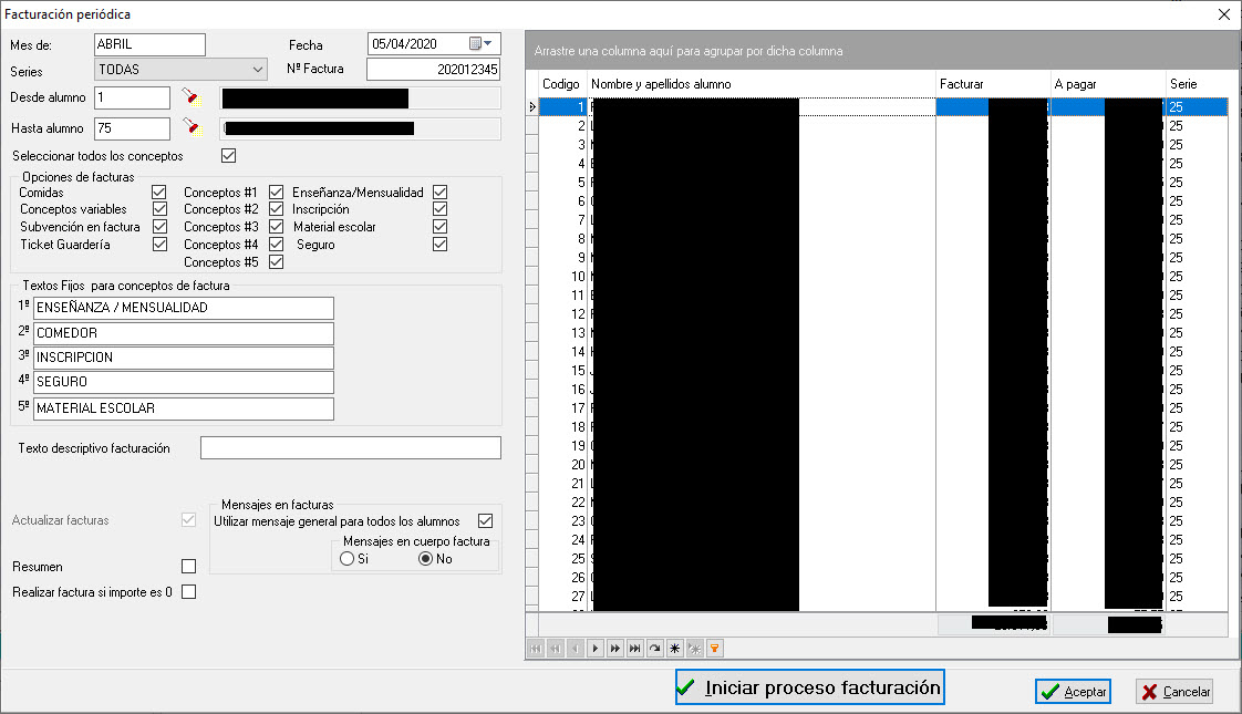 Pantalla de facturacion periodica Imagen del proceso de facturacion
