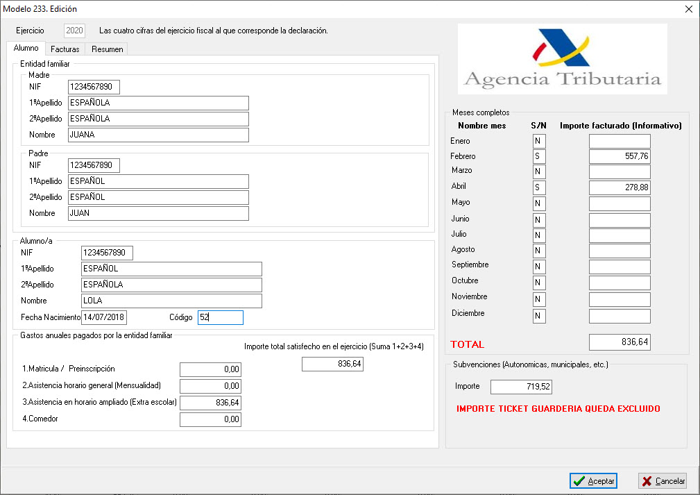 Modelo 233. Edicion de un registro
