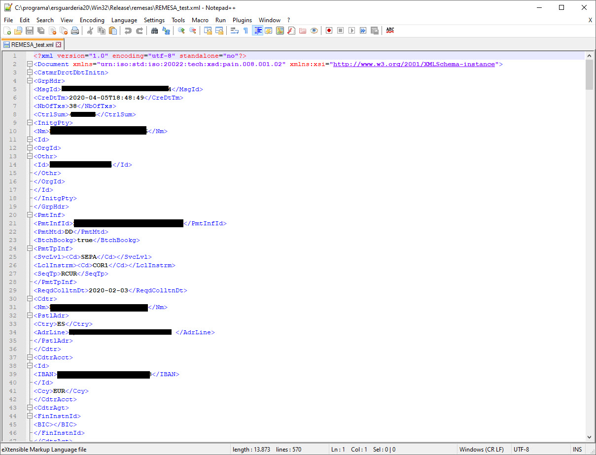 Imagen del contenido de un fichero en formato XML de una remesa bancaria Contenido de un fichero en formato XML de una remesa bancaria